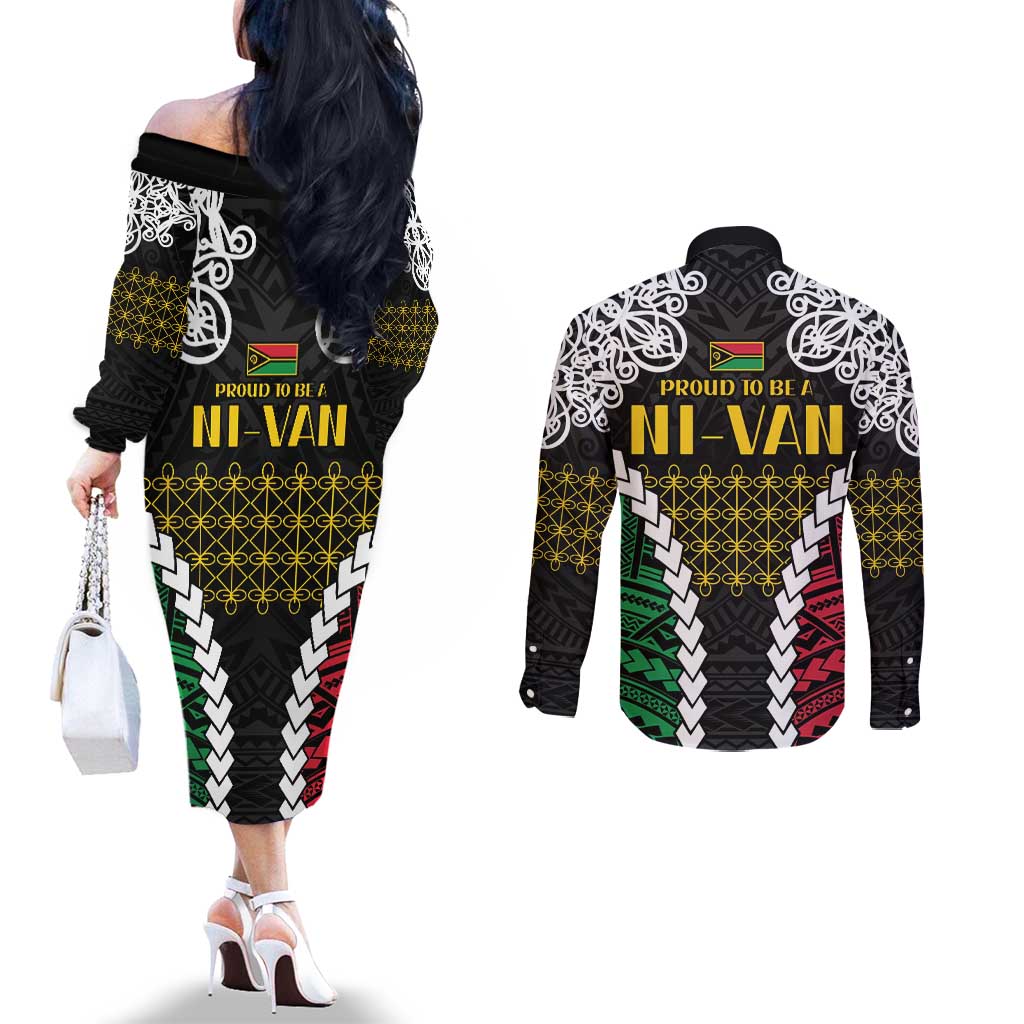 Halo Vanuatu Pride Couples Matching Off The Shoulder Long Sleeve Dress and Long Sleeve Button Shirt Vanuatuan Sand Drawing Pattern