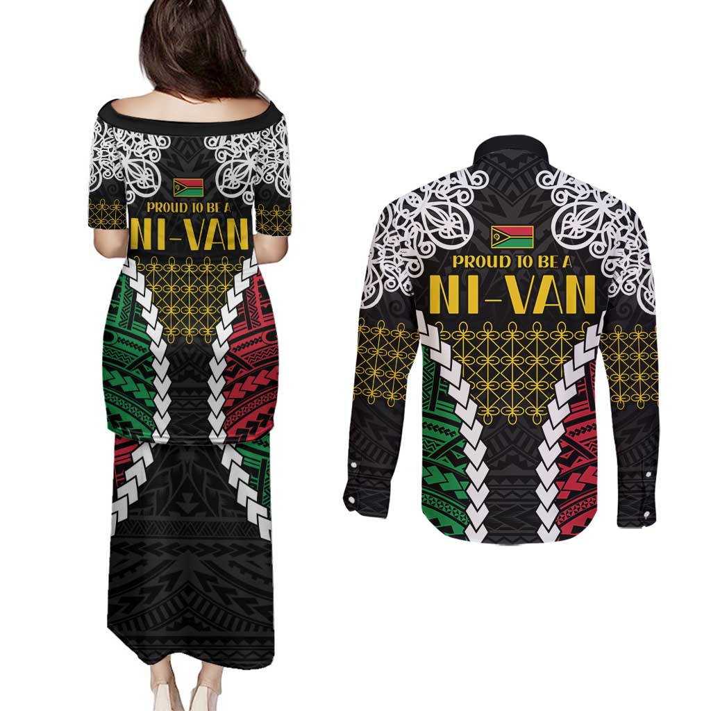 Halo Vanuatu Pride Couples Matching Puletasi and Long Sleeve Button Shirt Vanuatuan Sand Drawing Pattern