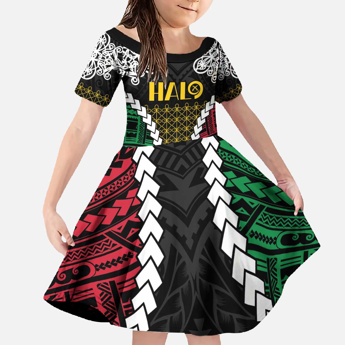 Halo Vanuatu Pride Family Matching Off The Shoulder Long Sleeve Dress and Hawaiian Shirt Vanuatuan Sand Drawing Pattern LT9 Daughter's Dress Black - Polynesian Pride