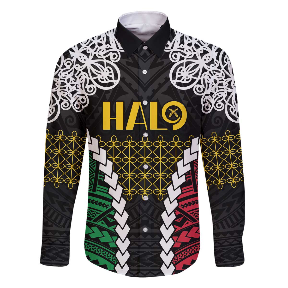 Halo Vanuatu Pride Family Matching Off The Shoulder Long Sleeve Dress and Hawaiian Shirt Vanuatuan Sand Drawing Pattern LT9 Dad's Shirt - Long Sleeve Black - Polynesian Pride
