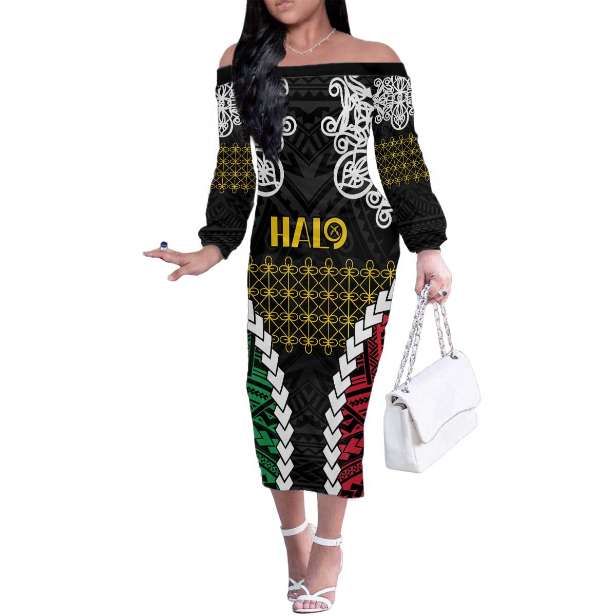 Halo Vanuatu Pride Family Matching Off The Shoulder Long Sleeve Dress and Hawaiian Shirt Vanuatuan Sand Drawing Pattern LT9 Mom's Dress Black - Polynesian Pride