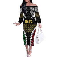 Halo Vanuatu Pride Family Matching Off The Shoulder Long Sleeve Dress and Hawaiian Shirt Vanuatuan Sand Drawing Pattern LT9 Mom's Dress Black - Polynesian Pride