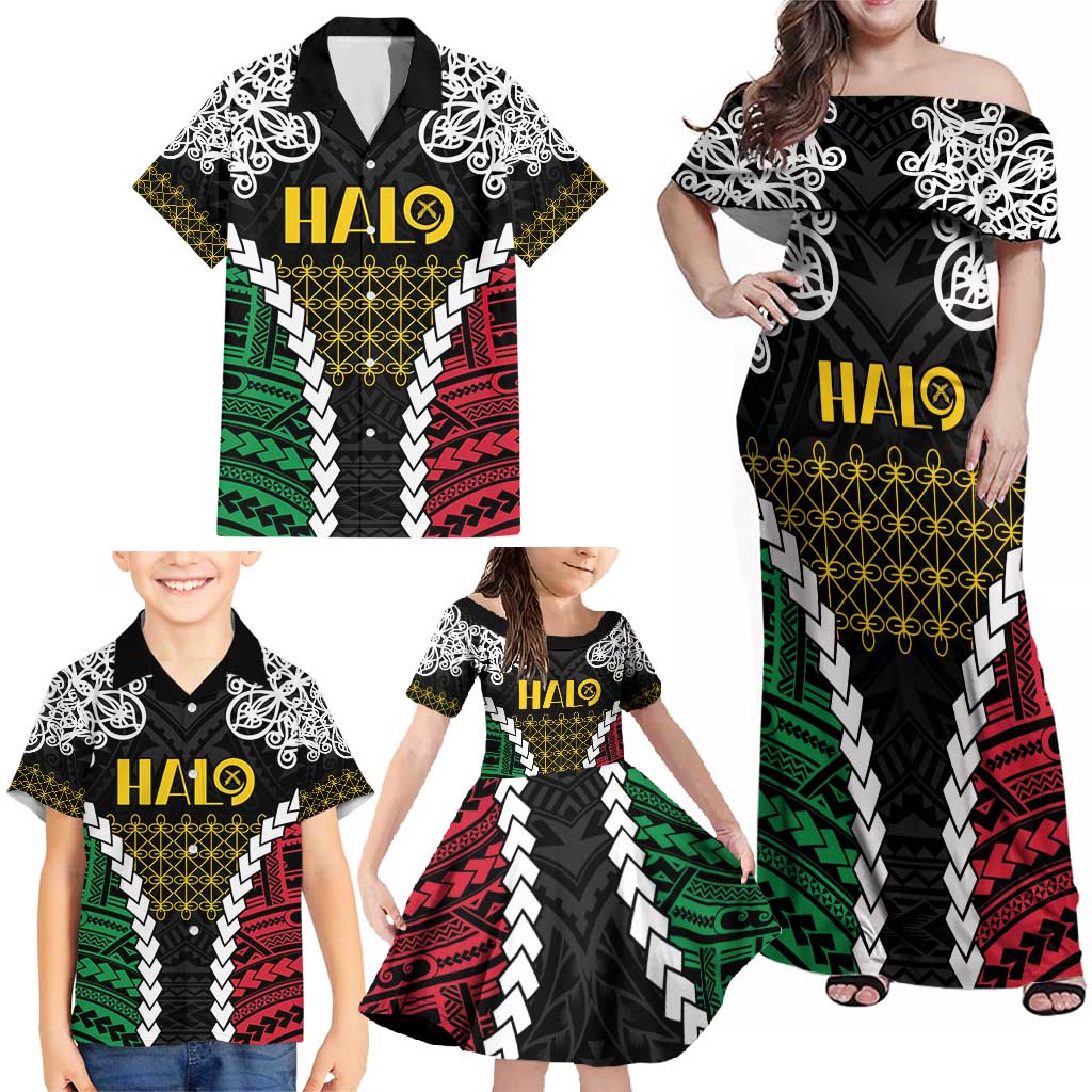 Halo Vanuatu Pride Family Matching Off Shoulder Maxi Dress and Hawaiian Shirt Vanuatuan Sand Drawing Pattern LT9 - Polynesian Pride