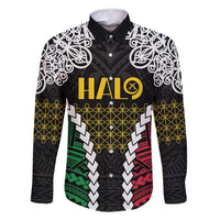 Halo Vanuatu Pride Family Matching Off Shoulder Maxi Dress and Hawaiian Shirt Vanuatuan Sand Drawing Pattern LT9 Dad's Shirt - Long Sleeve Black - Polynesian Pride