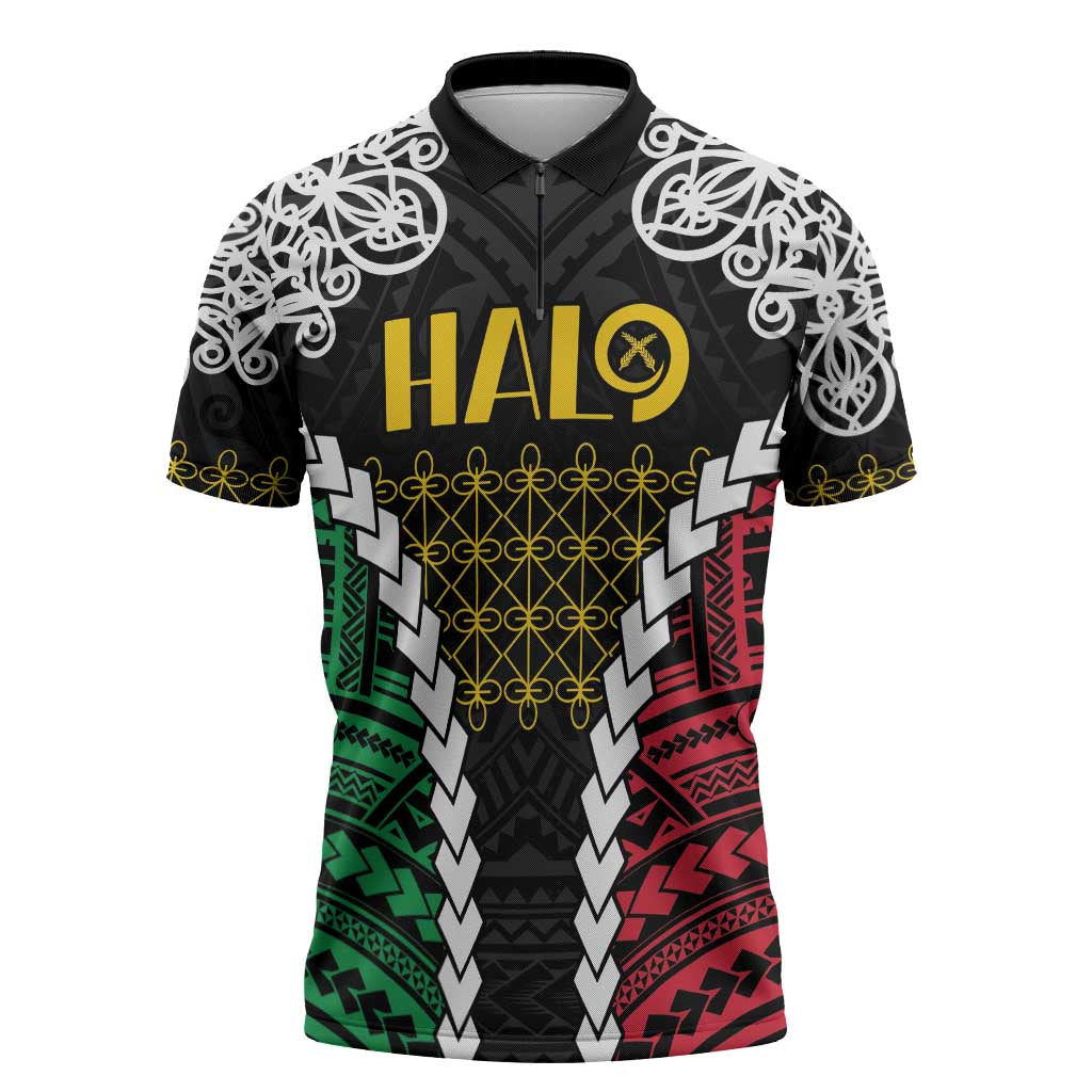 Halo Vanuatu Pride Zipper Polo Shirt Vanuatuan Sand Drawing Pattern LT9 Black - Polynesian Pride