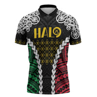 Halo Vanuatu Pride Zipper Polo Shirt Vanuatuan Sand Drawing Pattern LT9 Black - Polynesian Pride