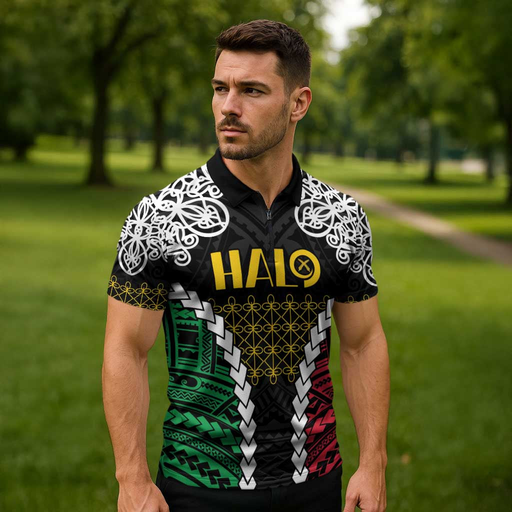 Halo Vanuatu Pride Zipper Polo Shirt Vanuatuan Sand Drawing Pattern LT9 - Polynesian Pride