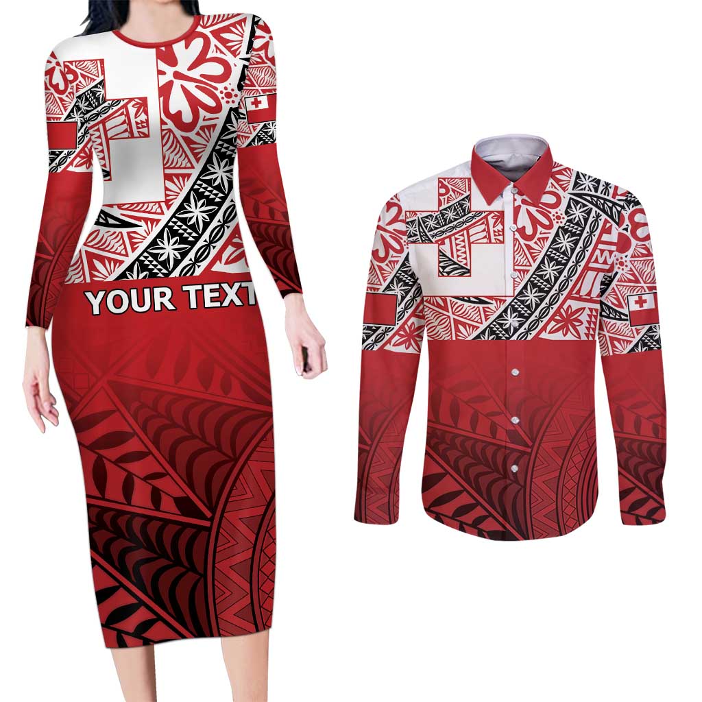Malo e lelei Tonga Couples Matching Long Sleeve Bodycon Dress and Long Sleeve Button Shirt Ngatu Tokelau Feletoa Fata Traditional Polynesian Pattern LT9 Red - Polynesian Pride