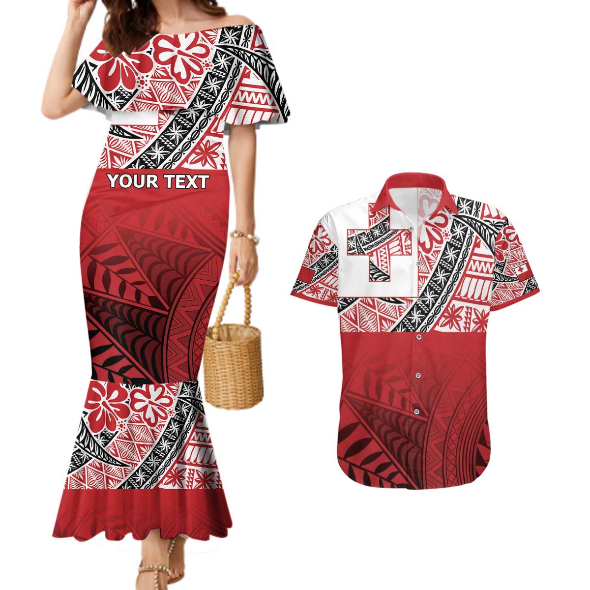 Malo e lelei Tonga Couples Matching Mermaid Dress and Hawaiian Shirt Ngatu Tokelau Feletoa Fata Traditional Polynesian Pattern LT9 Red - Polynesian Pride