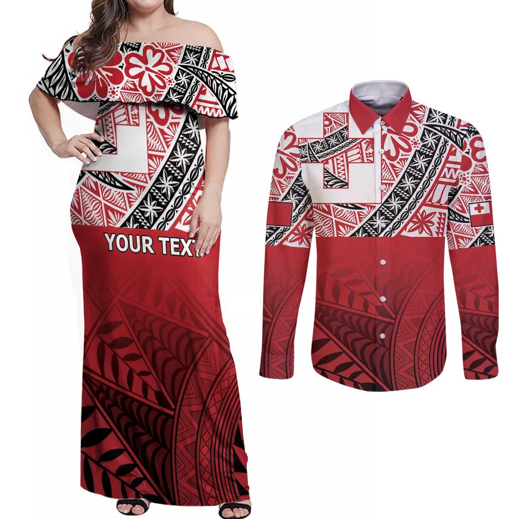 Malo e lelei Tonga Couples Matching Off Shoulder Maxi Dress and Long Sleeve Button Shirt Ngatu Tokelau Feletoa Fata Traditional Polynesian Pattern LT9 Red - Polynesian Pride