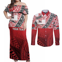 Malo e lelei Tonga Couples Matching Off Shoulder Maxi Dress and Long Sleeve Button Shirt Ngatu Tokelau Feletoa Fata Traditional Polynesian Pattern LT9 Red - Polynesian Pride