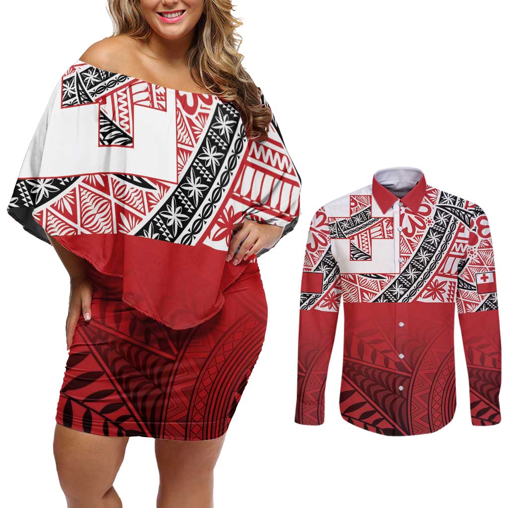 Malo e lelei Tonga Couples Matching Off Shoulder Short Dress and Long Sleeve Button Shirt Ngatu Tokelau Feletoa Fata Traditional Polynesian Pattern LT9 Red - Polynesian Pride
