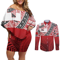 Malo e lelei Tonga Couples Matching Off Shoulder Short Dress and Long Sleeve Button Shirt Ngatu Tokelau Feletoa Fata Traditional Polynesian Pattern LT9 Red - Polynesian Pride
