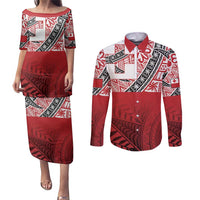 Malo e lelei Tonga Couples Matching Puletasi and Long Sleeve Button Shirt Ngatu Tokelau Feletoa Fata Traditional Polynesian Pattern LT9 Red - Polynesian Pride