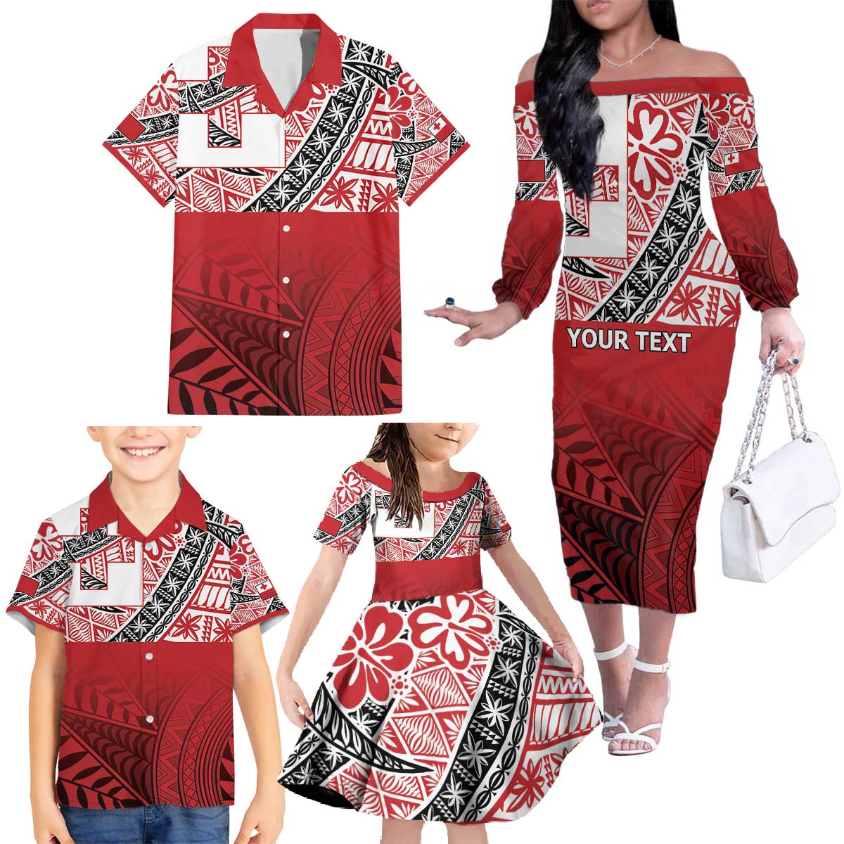 Malo e lelei Tonga Family Matching Off The Shoulder Long Sleeve Dress and Hawaiian Shirt Ngatu Tokelau Feletoa Fata Traditional Polynesian Pattern LT9 - Polynesian Pride