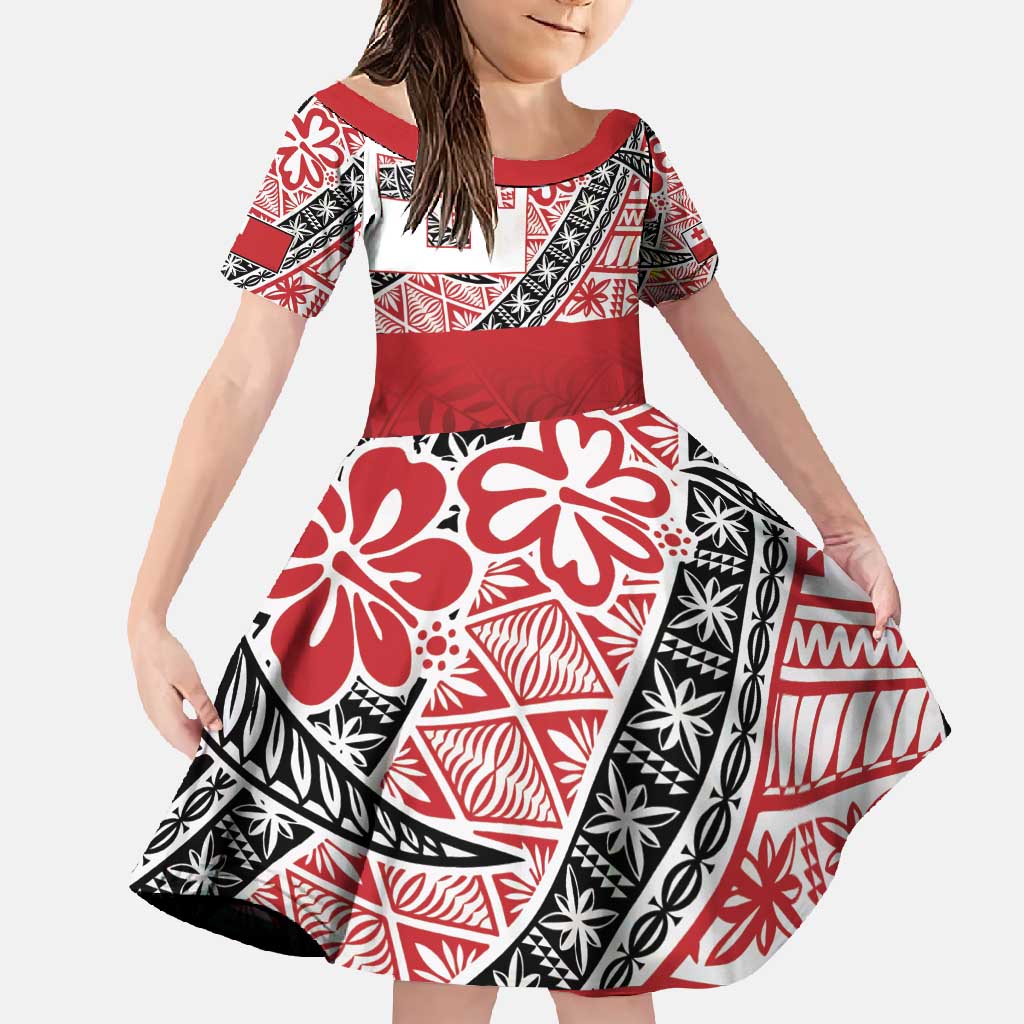 Malo e lelei Tonga Family Matching Off Shoulder Maxi Dress and Hawaiian Shirt Ngatu Tokelau Feletoa Fata Traditional Polynesian Pattern LT9 Daughter's Dress Red - Polynesian Pride