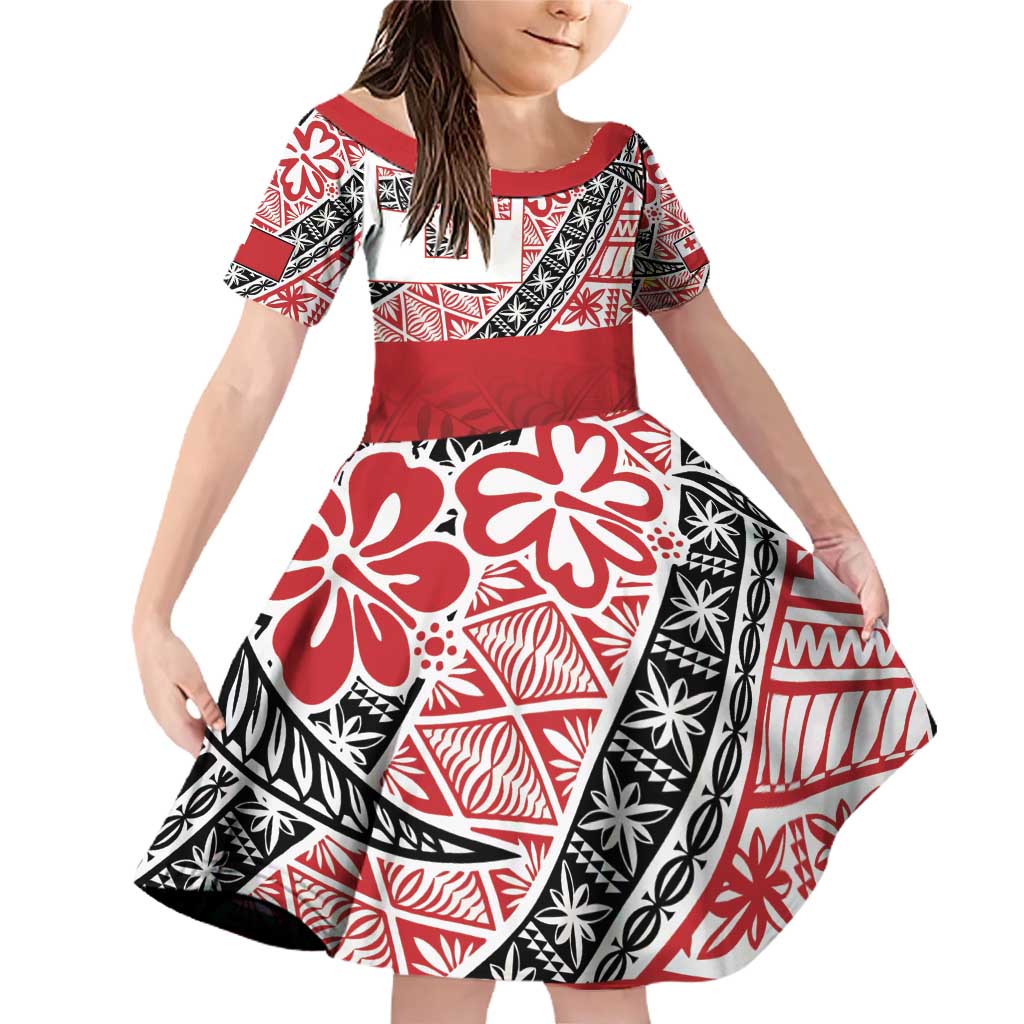 Malo e lelei Tonga Family Matching Off Shoulder Short Dress and Hawaiian Shirt Ngatu Tokelau Feletoa Fata Traditional Polynesian Pattern LT9 Daughter's Dress Red - Polynesian Pride