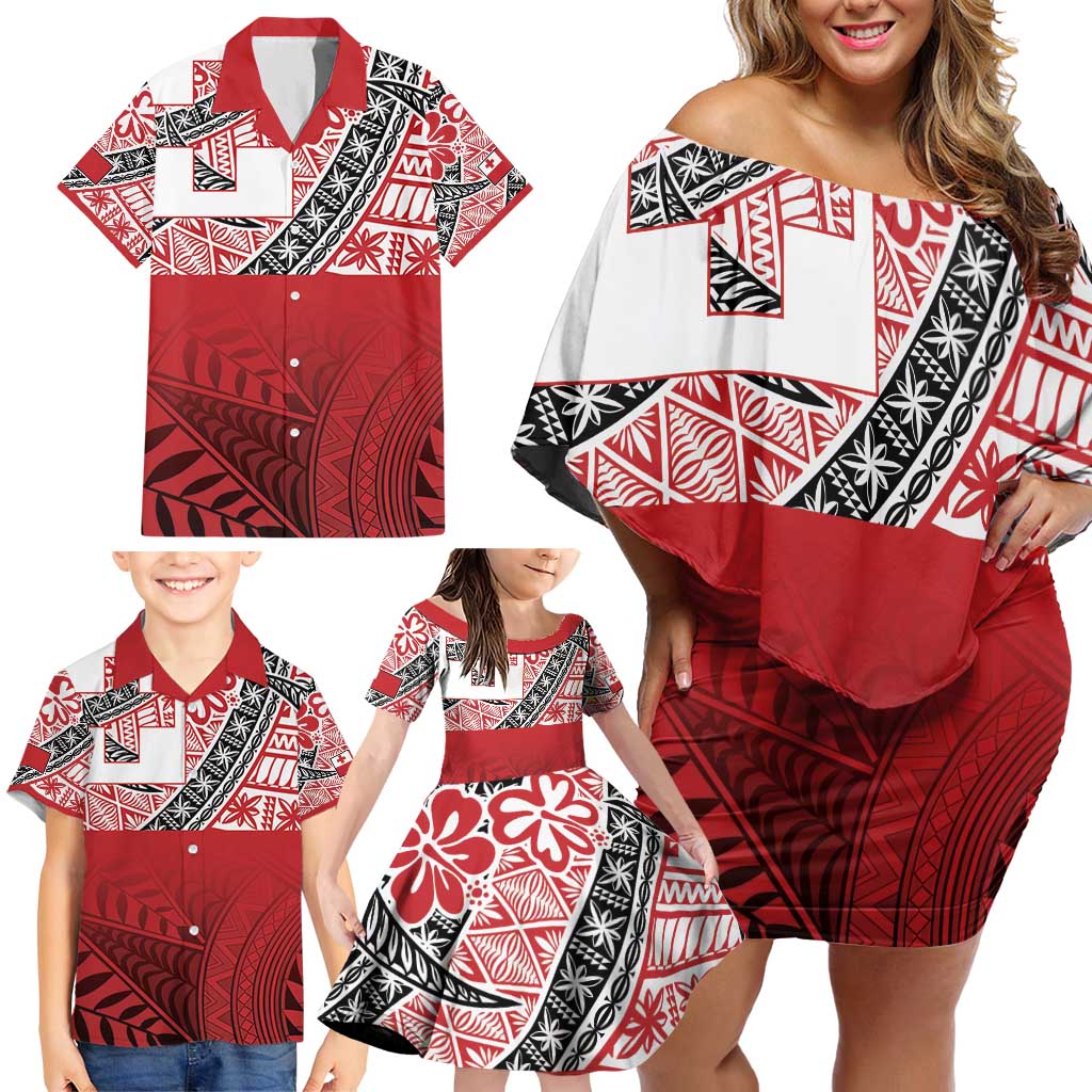 Malo e lelei Tonga Family Matching Off Shoulder Short Dress and Hawaiian Shirt Ngatu Tokelau Feletoa Fata Traditional Polynesian Pattern