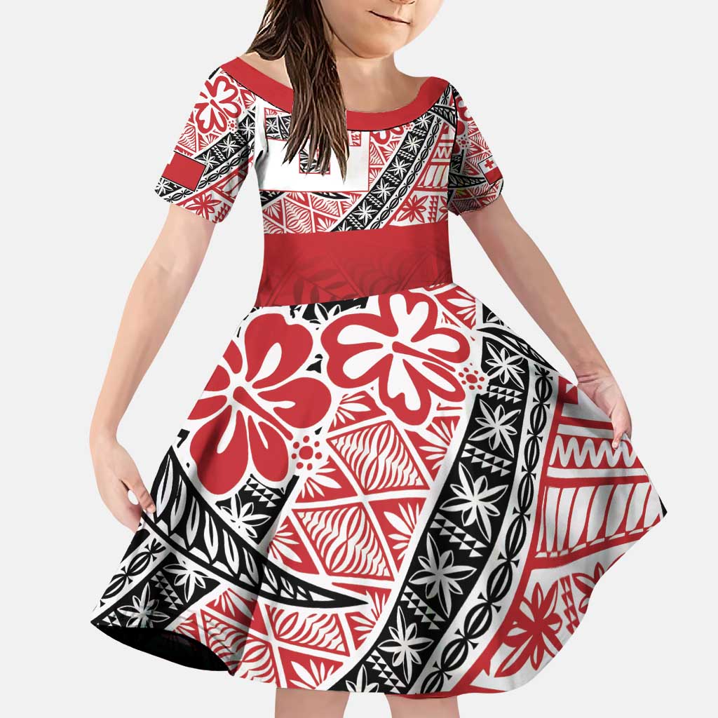 Malo e lelei Tonga Family Matching Puletasi and Hawaiian Shirt Ngatu Tokelau Feletoa Fata Traditional Polynesian Pattern LT9 Daughter's Dress Red - Polynesian Pride