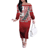 Malo e lelei Tonga Off The Shoulder Long Sleeve Dress Ngatu Tokelau Feletoa Fata Traditional Polynesian Pattern LT9 Women Red - Polynesian Pride