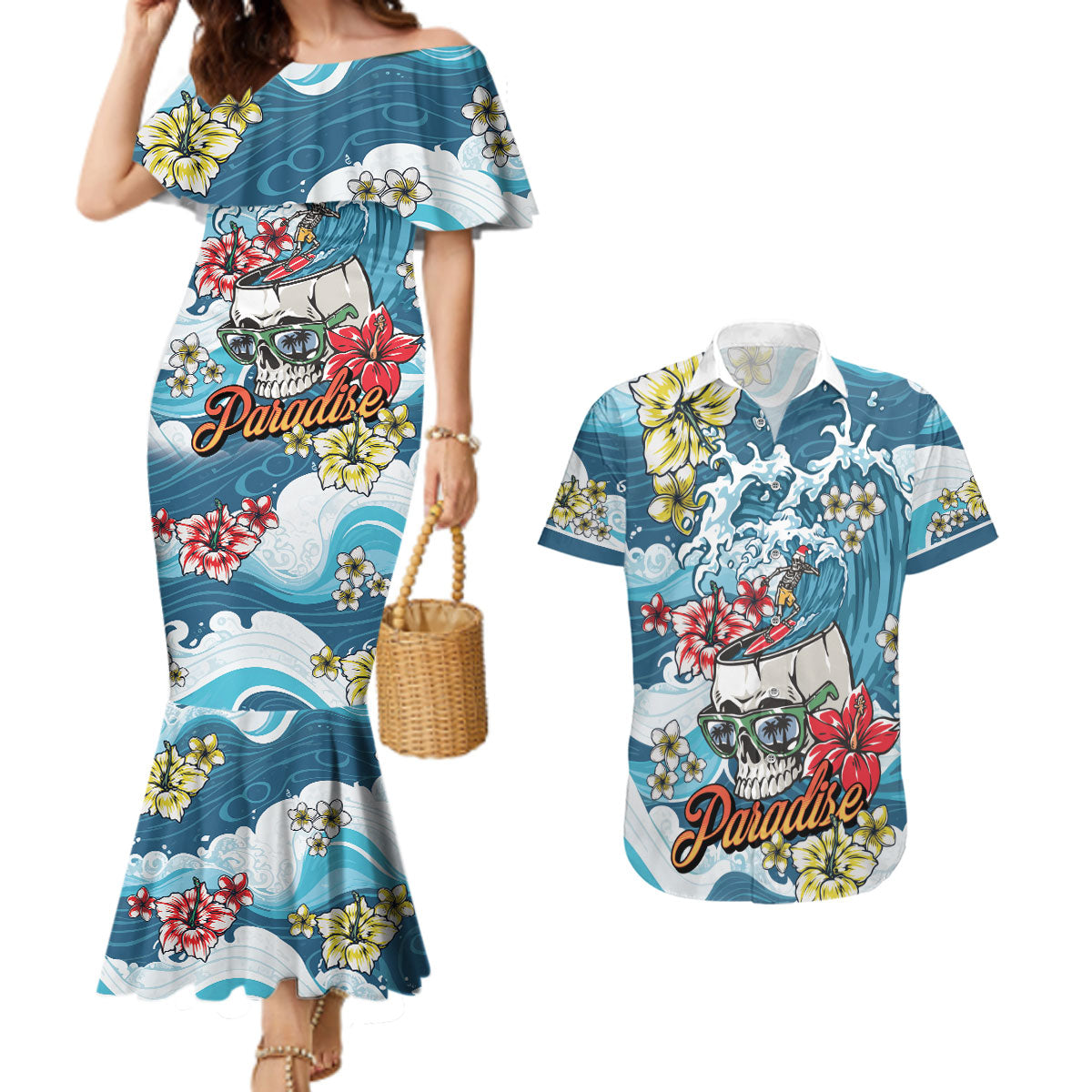 Hawaii Santa Skeleton Surfing Personalized Couples Matching Mermaid Dress and Hawaiian Shirt Mele Kalikimaka i Iulai! LT9 Blue - Polynesian Pride