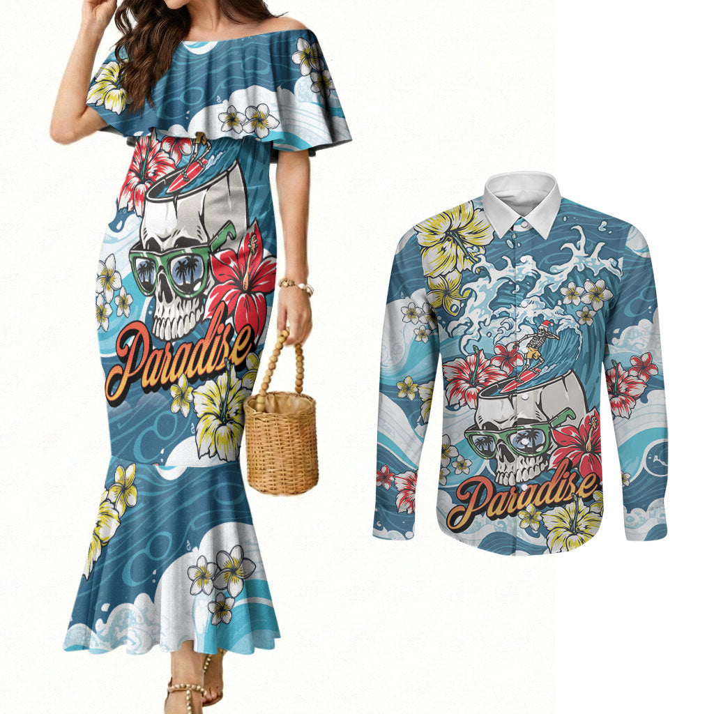 Hawaii Santa Skeleton Surfing Personalized Couples Matching Mermaid Dress and Long Sleeve Button Shirt Mele Kalikimaka i Iulai! LT9 Blue - Polynesian Pride