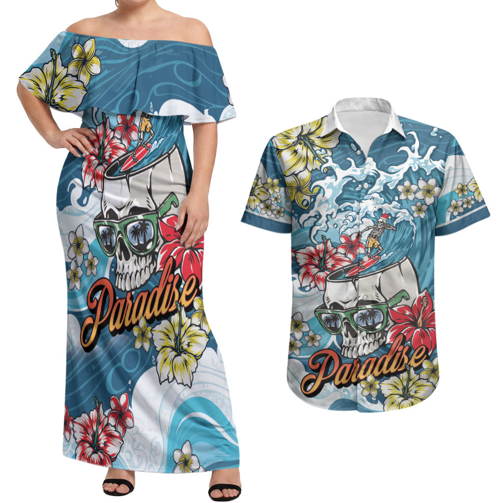 Hawaii Santa Skeleton Surfing Personalized Couples Matching Off Shoulder Maxi Dress and Hawaiian Shirt Mele Kalikimaka i Iulai! LT9 Blue - Polynesian Pride