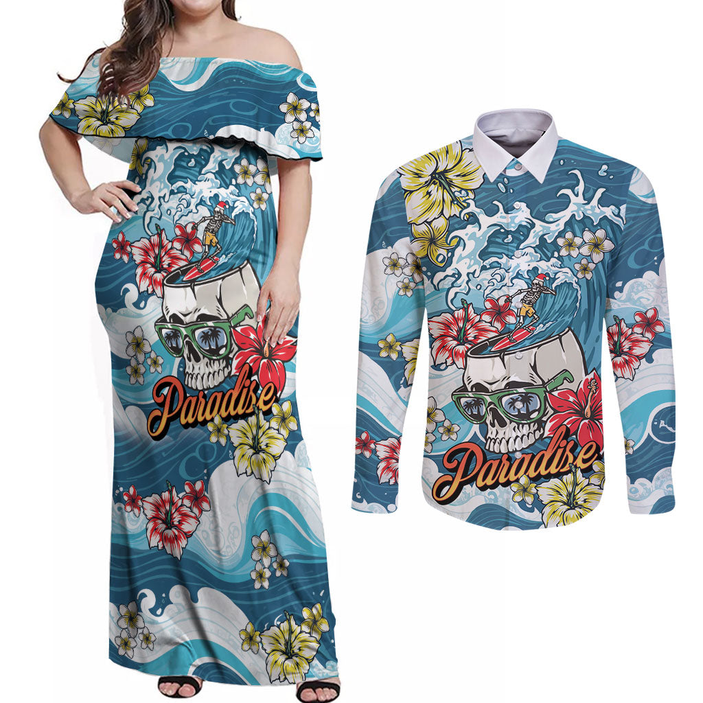 Hawaii Santa Skeleton Surfing Personalized Couples Matching Off Shoulder Maxi Dress and Long Sleeve Button Shirt Mele Kalikimaka i Iulai! LT9 Blue - Polynesian Pride