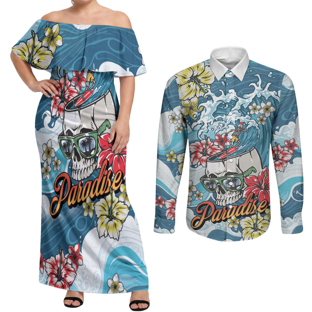 Hawaii Santa Skeleton Surfing Personalized Couples Matching Off Shoulder Maxi Dress and Long Sleeve Button Shirt Mele Kalikimaka i Iulai! LT9 Blue - Polynesian Pride