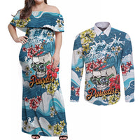 Hawaii Santa Skeleton Surfing Personalized Couples Matching Off Shoulder Maxi Dress and Long Sleeve Button Shirt Mele Kalikimaka i Iulai! LT9 Blue - Polynesian Pride