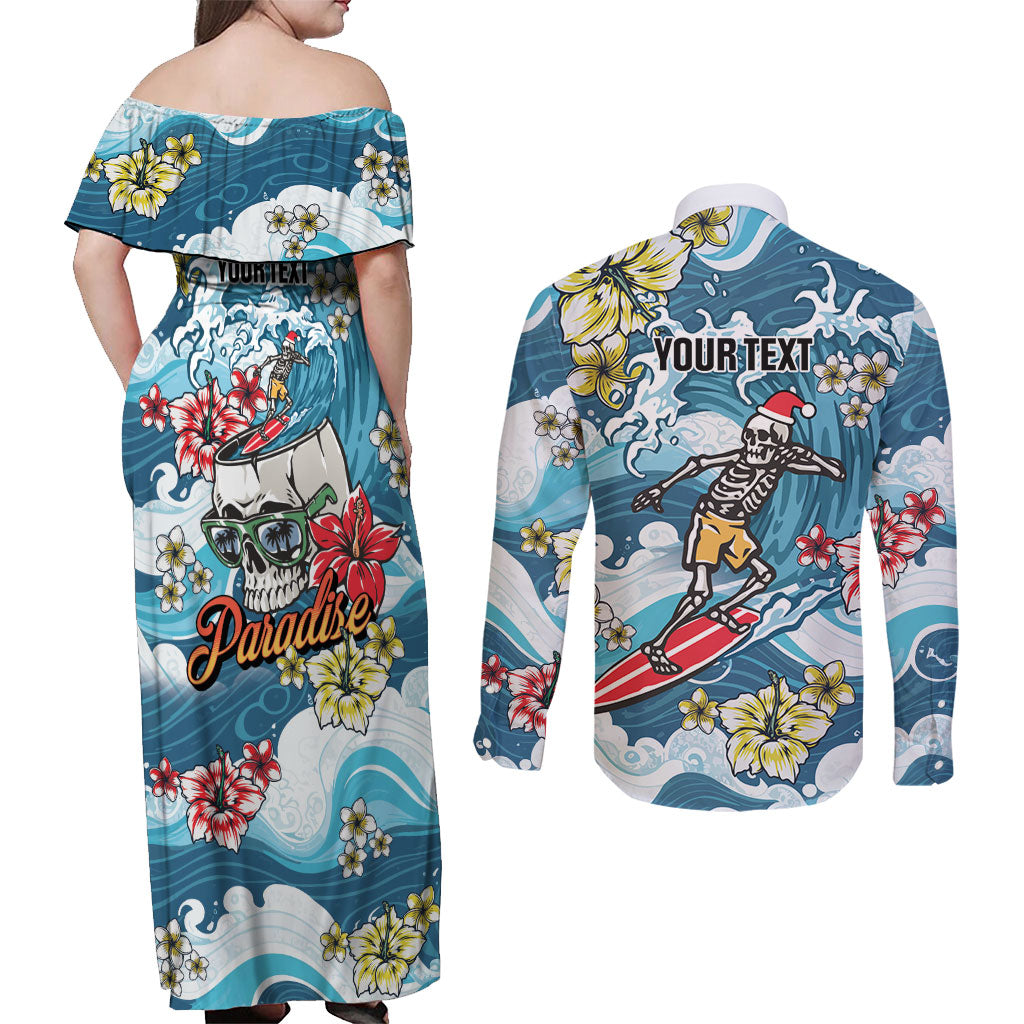 Hawaii Santa Skeleton Surfing Personalized Couples Matching Off Shoulder Maxi Dress and Long Sleeve Button Shirt Mele Kalikimaka i Iulai! LT9 - Polynesian Pride