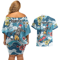 Hawaii Santa Skeleton Surfing Personalized Couples Matching Off Shoulder Short Dress and Hawaiian Shirt Mele Kalikimaka i Iulai! LT9 - Polynesian Pride