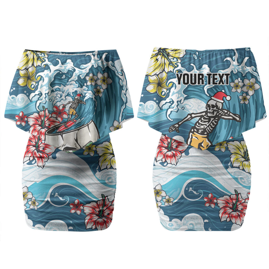 Hawaii Santa Skeleton Surfing Personalized Couples Matching Off Shoulder Short Dress and Long Sleeve Button Shirt Mele Kalikimaka i Iulai! LT9 - Polynesian Pride