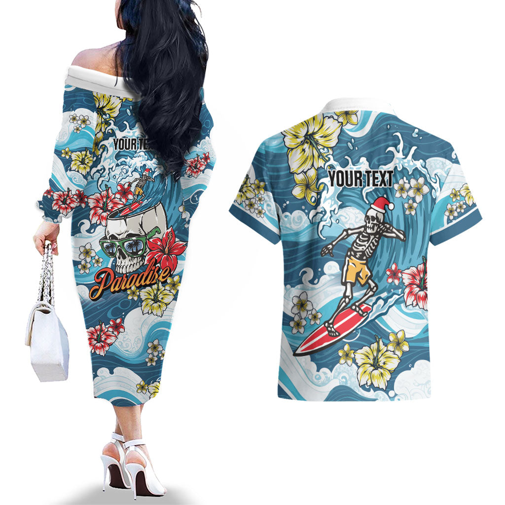 Hawaii Santa Skeleton Surfing Personalized Couples Matching Off The Shoulder Long Sleeve Dress and Hawaiian Shirt Mele Kalikimaka i Iulai! LT9 - Polynesian Pride