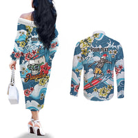 Hawaii Santa Skeleton Surfing Personalized Couples Matching Off The Shoulder Long Sleeve Dress and Long Sleeve Button Shirt Mele Kalikimaka i Iulai! LT9 - Polynesian Pride