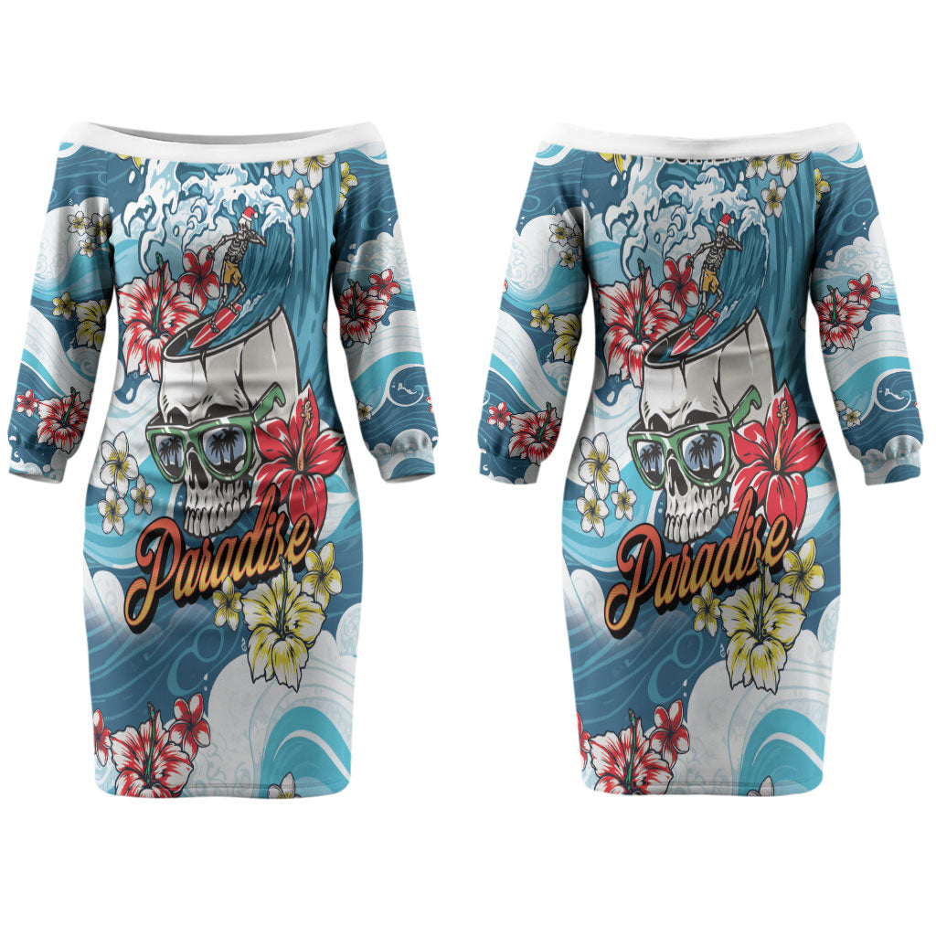 Hawaii Santa Skeleton Surfing Personalized Couples Matching Off The Shoulder Long Sleeve Dress and Long Sleeve Button Shirt Mele Kalikimaka i Iulai! LT9 - Polynesian Pride