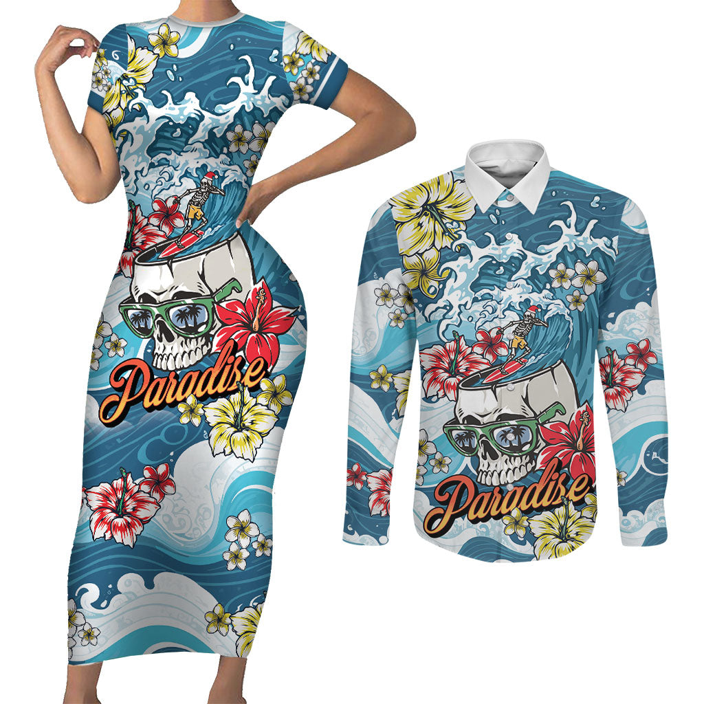 Hawaii Santa Skeleton Surfing Personalized Couples Matching Short Sleeve Bodycon Dress and Long Sleeve Button Shirt Mele Kalikimaka i Iulai! LT9 Blue - Polynesian Pride