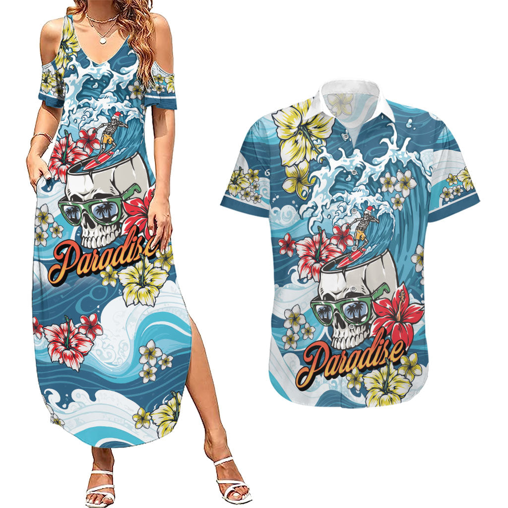 Hawaii Santa Skeleton Surfing Personalized Couples Matching Summer Maxi Dress and Hawaiian Shirt Mele Kalikimaka i Iulai! LT9 Blue - Polynesian Pride