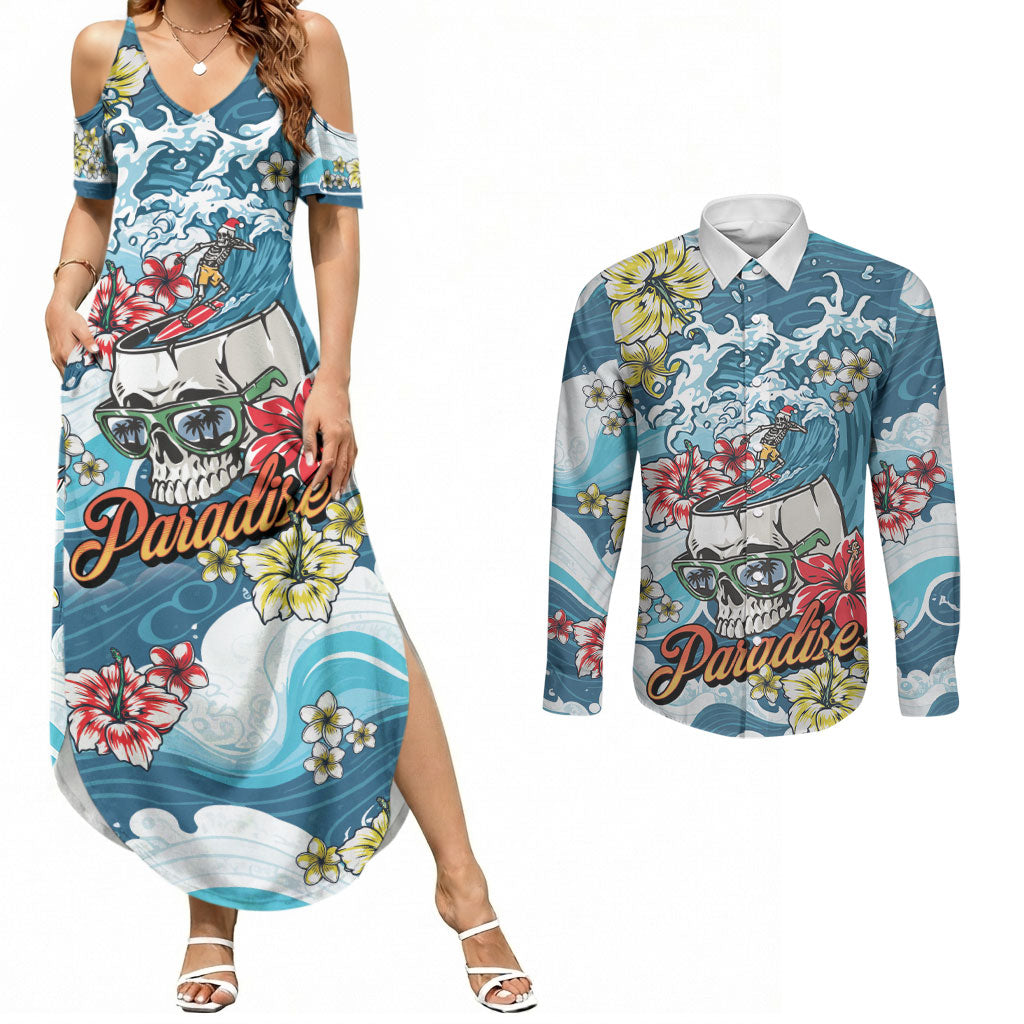 Hawaii Santa Skeleton Surfing Personalized Couples Matching Summer Maxi Dress and Long Sleeve Button Shirt Mele Kalikimaka i Iulai! LT9 Blue - Polynesian Pride