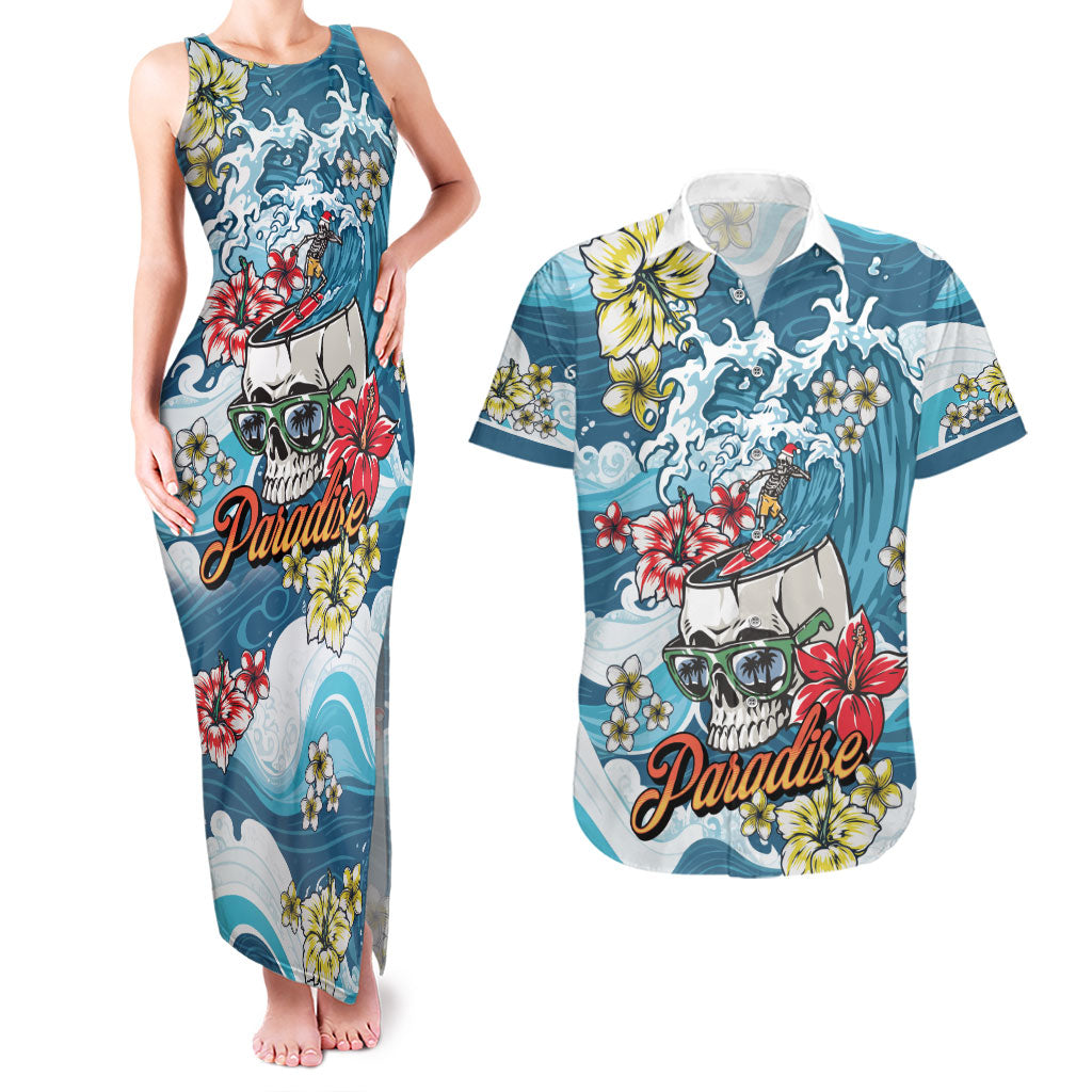 Hawaii Santa Skeleton Surfing Personalized Couples Matching Tank Maxi Dress and Hawaiian Shirt Mele Kalikimaka i Iulai! LT9 Blue - Polynesian Pride