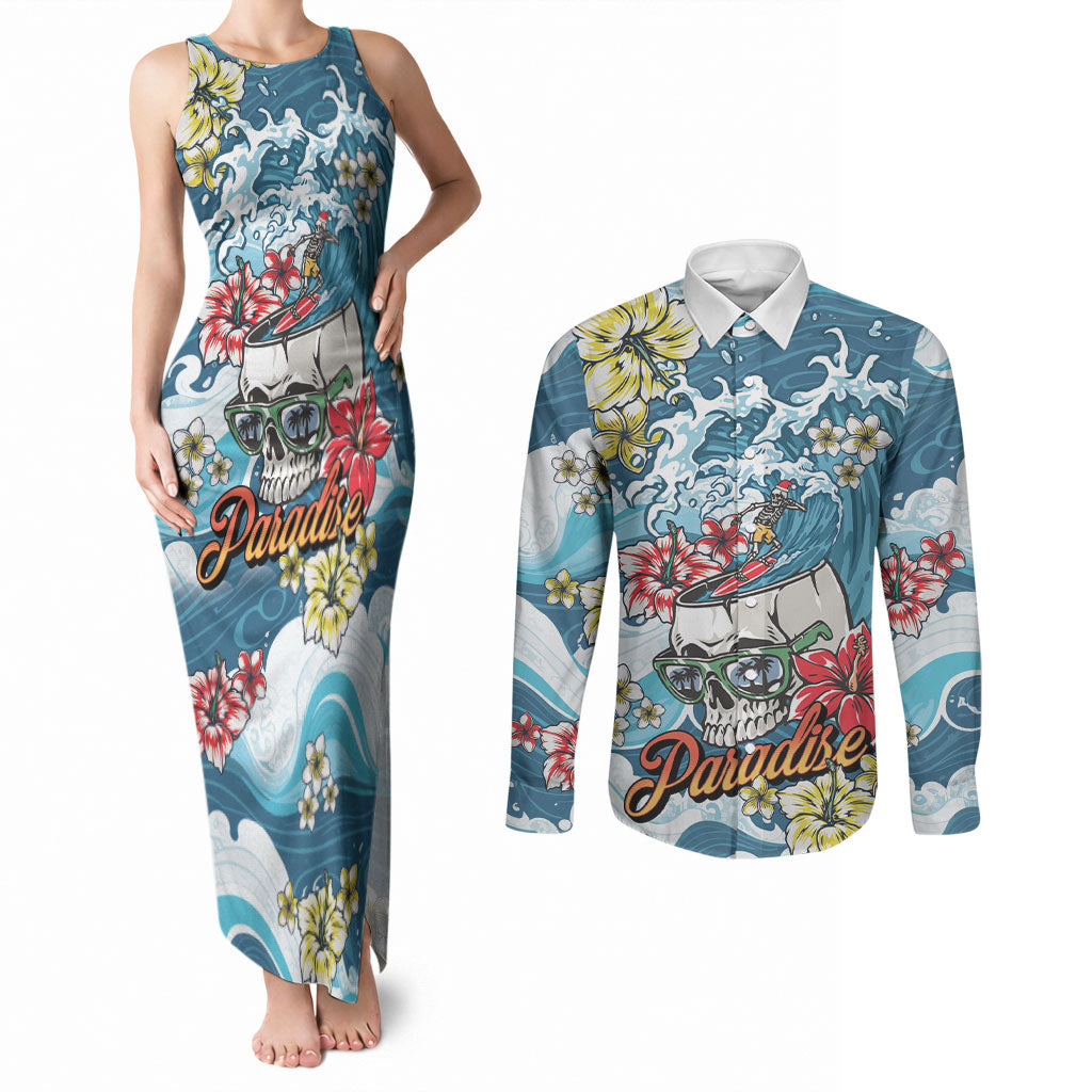 Hawaii Santa Skeleton Surfing Personalized Couples Matching Tank Maxi Dress and Long Sleeve Button Shirt Mele Kalikimaka i Iulai! LT9 Blue - Polynesian Pride