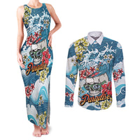 Hawaii Santa Skeleton Surfing Personalized Couples Matching Tank Maxi Dress and Long Sleeve Button Shirt Mele Kalikimaka i Iulai! LT9 Blue - Polynesian Pride