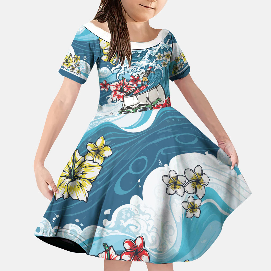 Hawaii Santa Skeleton Surfing Personalized Family Matching Off The Shoulder Long Sleeve Dress and Hawaiian Shirt Mele Kalikimaka i Iulai! LT9 Daughter's Dress Blue - Polynesian Pride