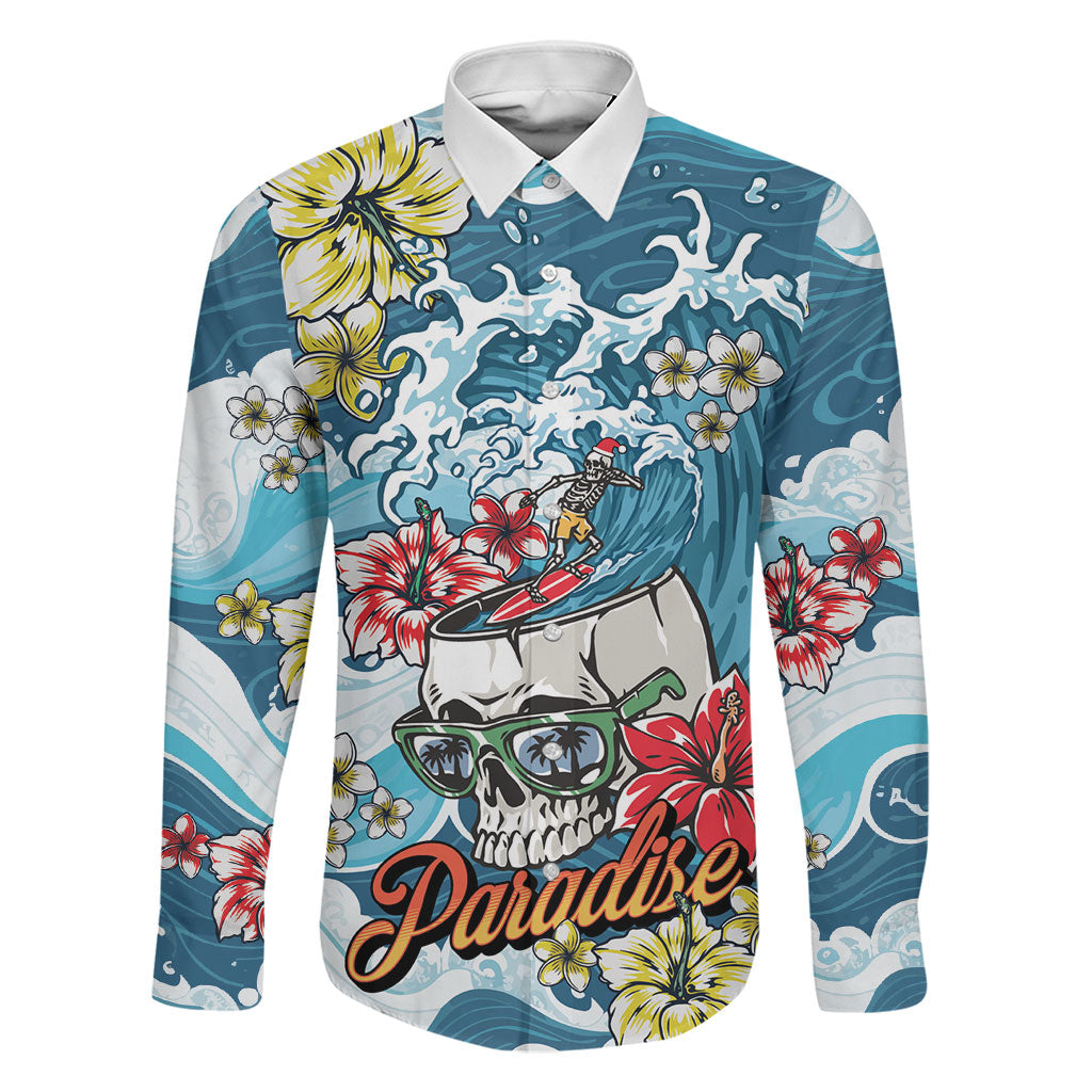 Hawaii Santa Skeleton Surfing Personalized Family Matching Off Shoulder Maxi Dress and Hawaiian Shirt Mele Kalikimaka i Iulai! LT9 Dad's Shirt - Long Sleeve Blue - Polynesian Pride