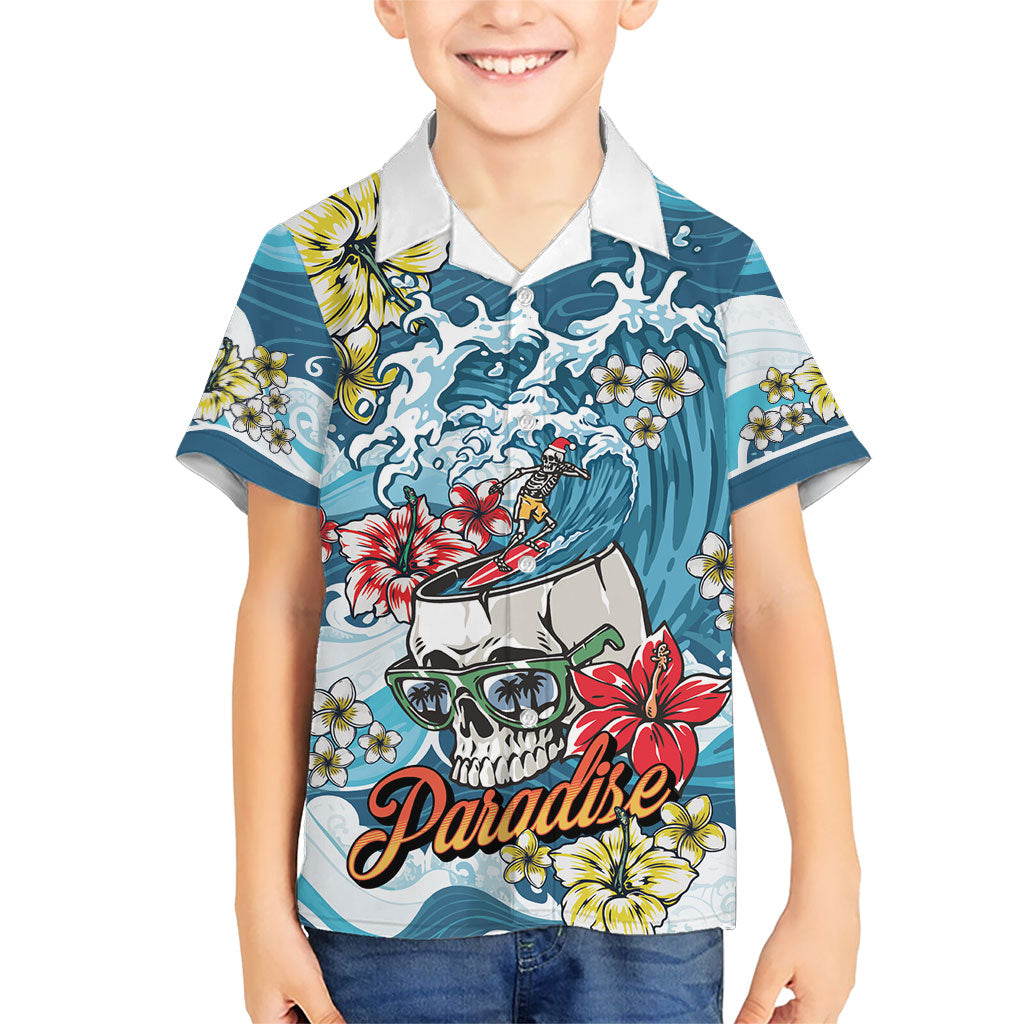 Hawaii Santa Skeleton Surfing Personalized Family Matching Off Shoulder Maxi Dress and Hawaiian Shirt Mele Kalikimaka i Iulai! LT9 Son's Shirt Blue - Polynesian Pride
