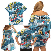 Hawaii Santa Skeleton Surfing Personalized Family Matching Off Shoulder Short Dress and Hawaiian Shirt Mele Kalikimaka i Iulai! LT9 - Polynesian Pride