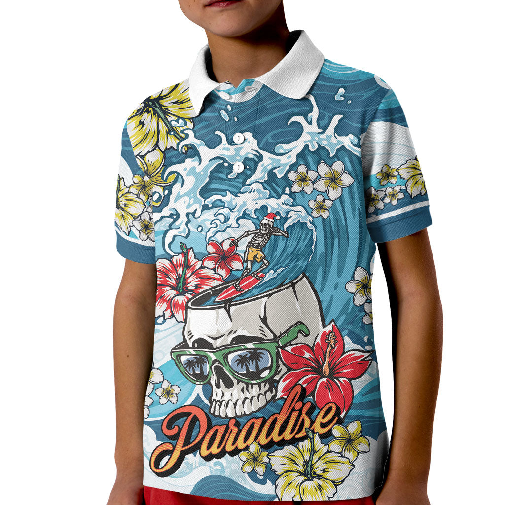 Hawaii Santa Skeleton Surfing Personalized Kid Polo Shirt Mele Kalikimaka i Iulai! LT9 Kid Blue - Polynesian Pride