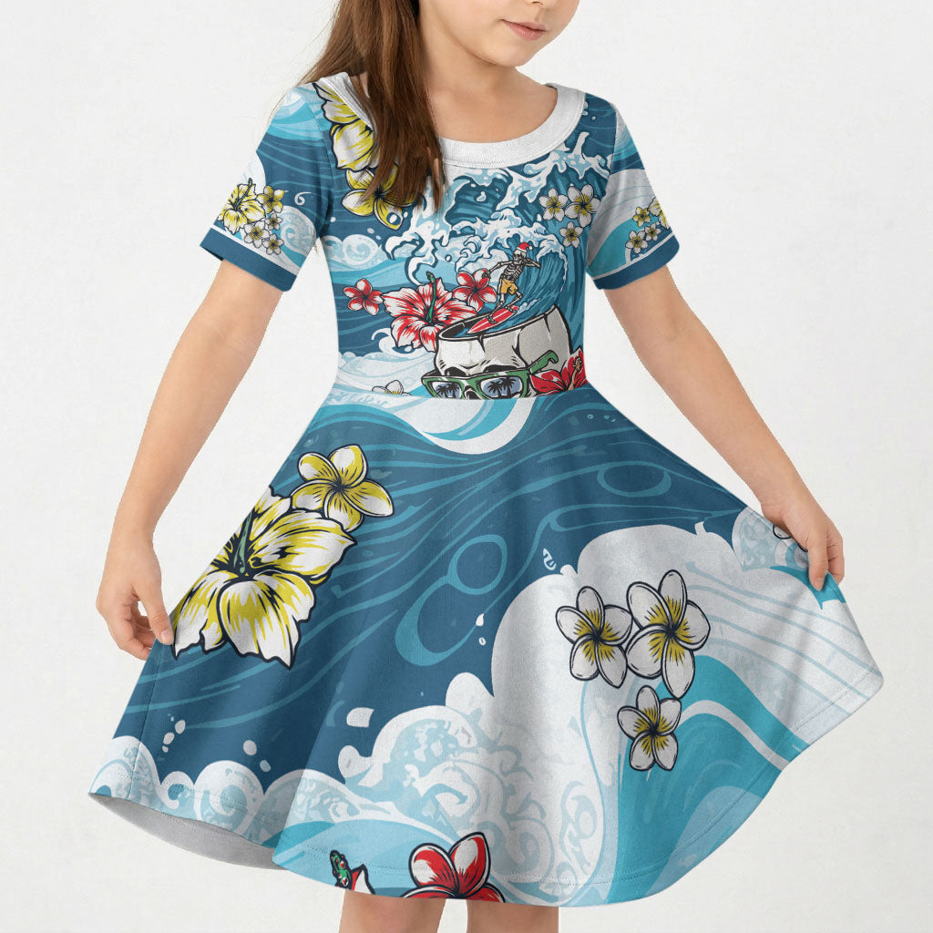 Hawaii Santa Skeleton Surfing Personalized Kid Short Sleeve Dress Mele Kalikimaka i Iulai! LT9 KID Blue - Polynesian Pride