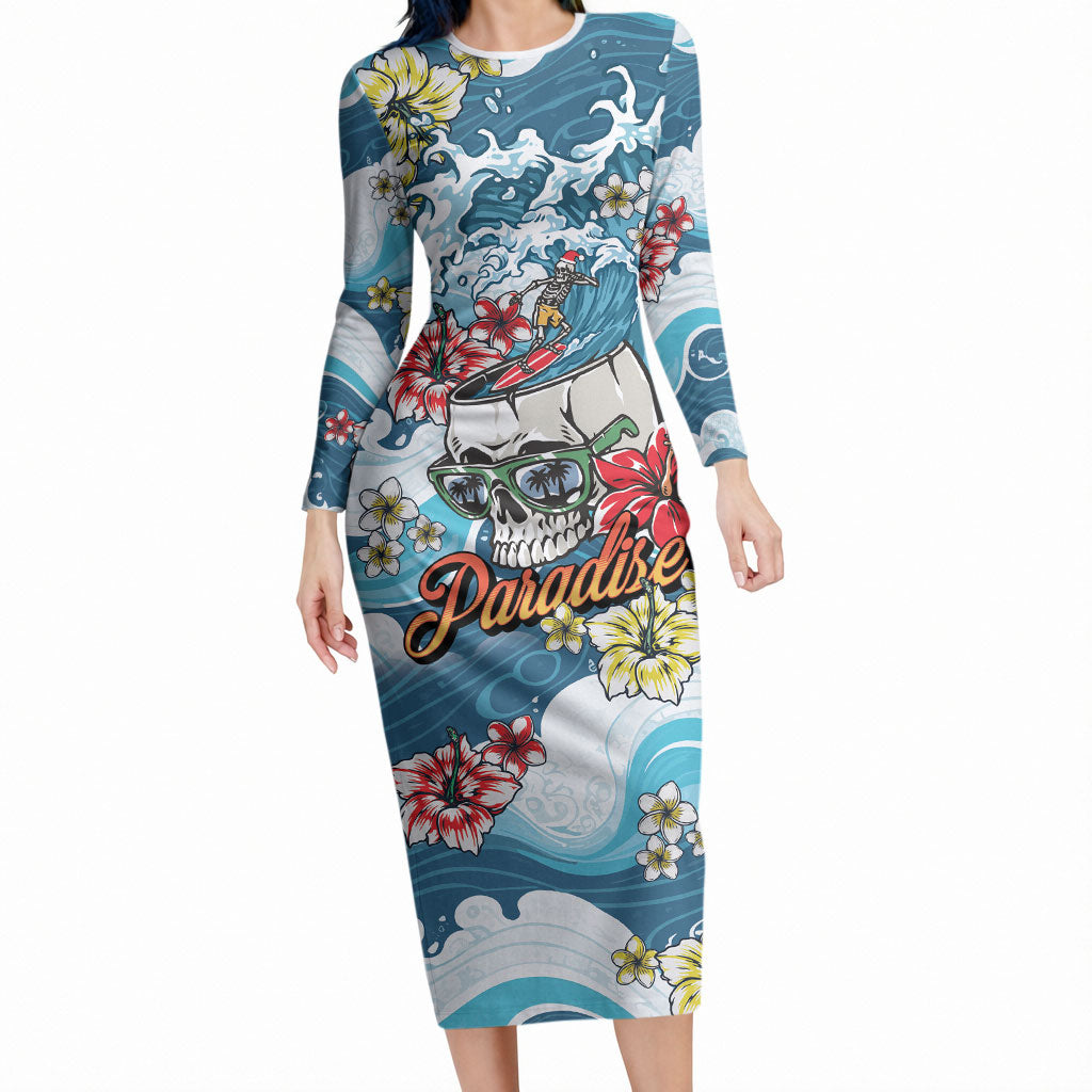 Hawaii Santa Skeleton Surfing Personalized Long Sleeve Bodycon Dress Mele Kalikimaka i Iulai! LT9 Long Dress Blue - Polynesian Pride