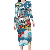Hawaii Santa Skeleton Surfing Personalized Long Sleeve Bodycon Dress Mele Kalikimaka i Iulai!